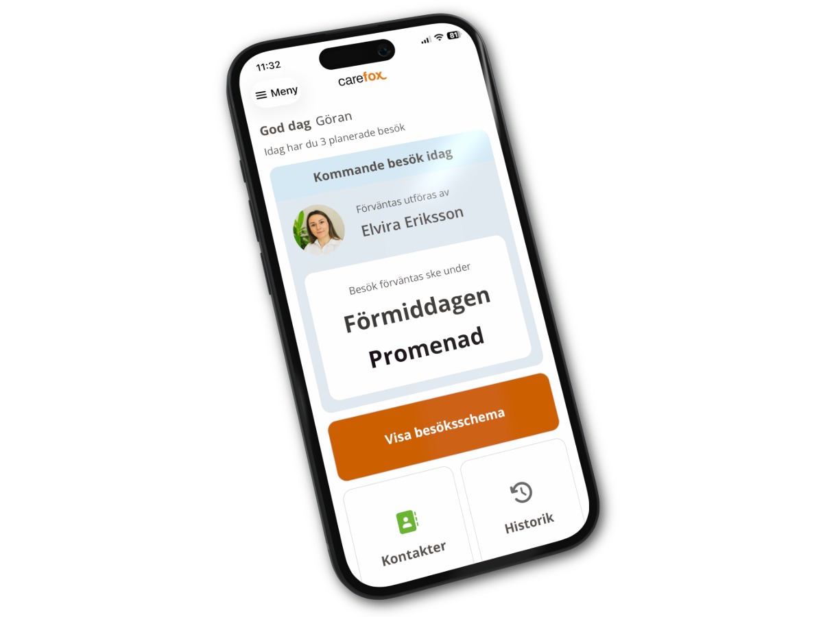 Bild på mobil med Carefox Nära appens startsida
